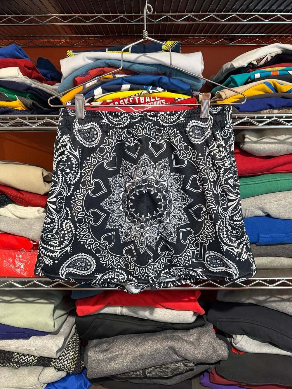 Black and White Paisley Bandana Print Athletic Gym Shorts